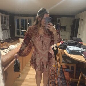 Free People Red and Cream Long Sleeve Dress